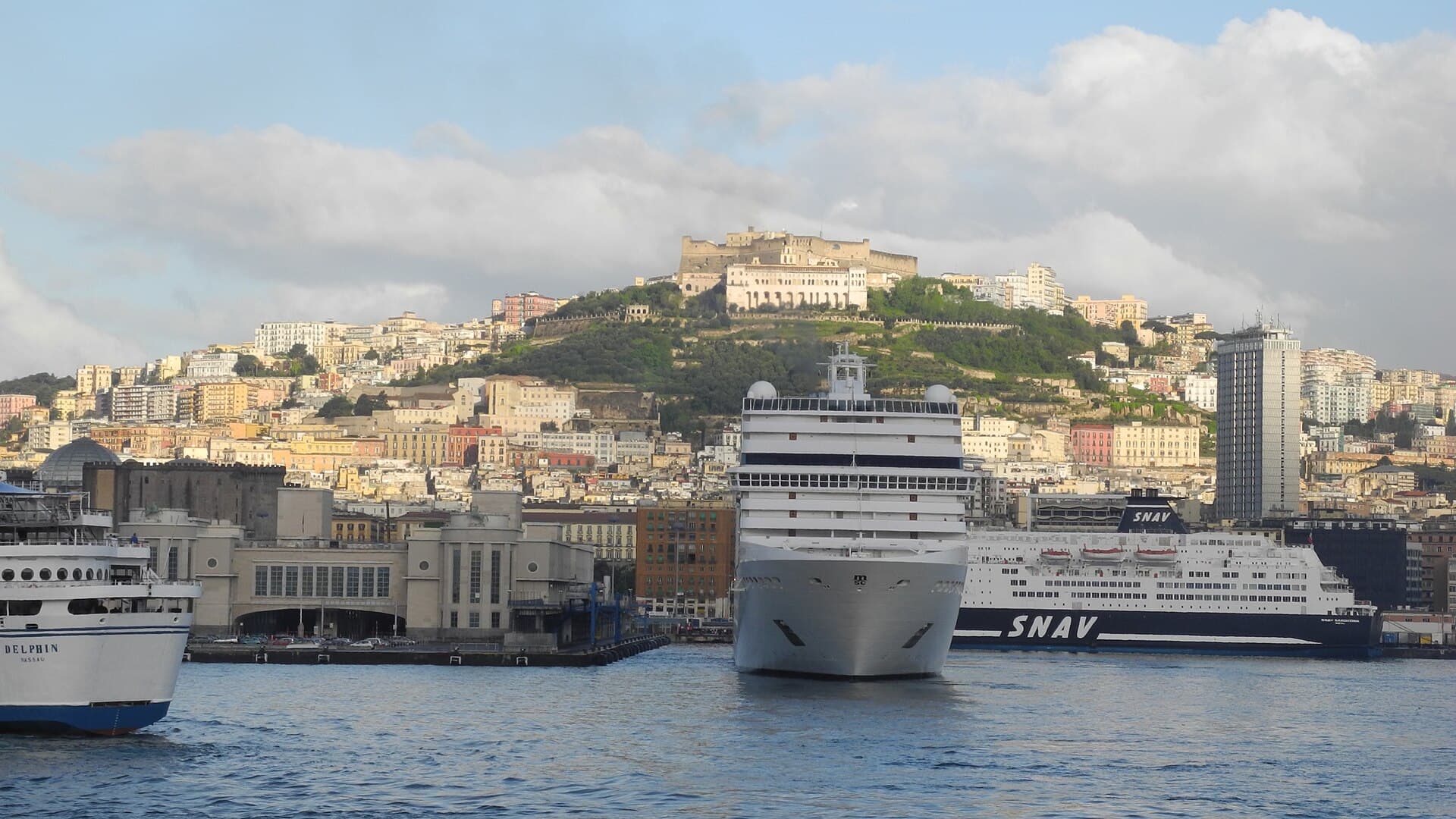 A cruise ship at the port of Naples, Italy.