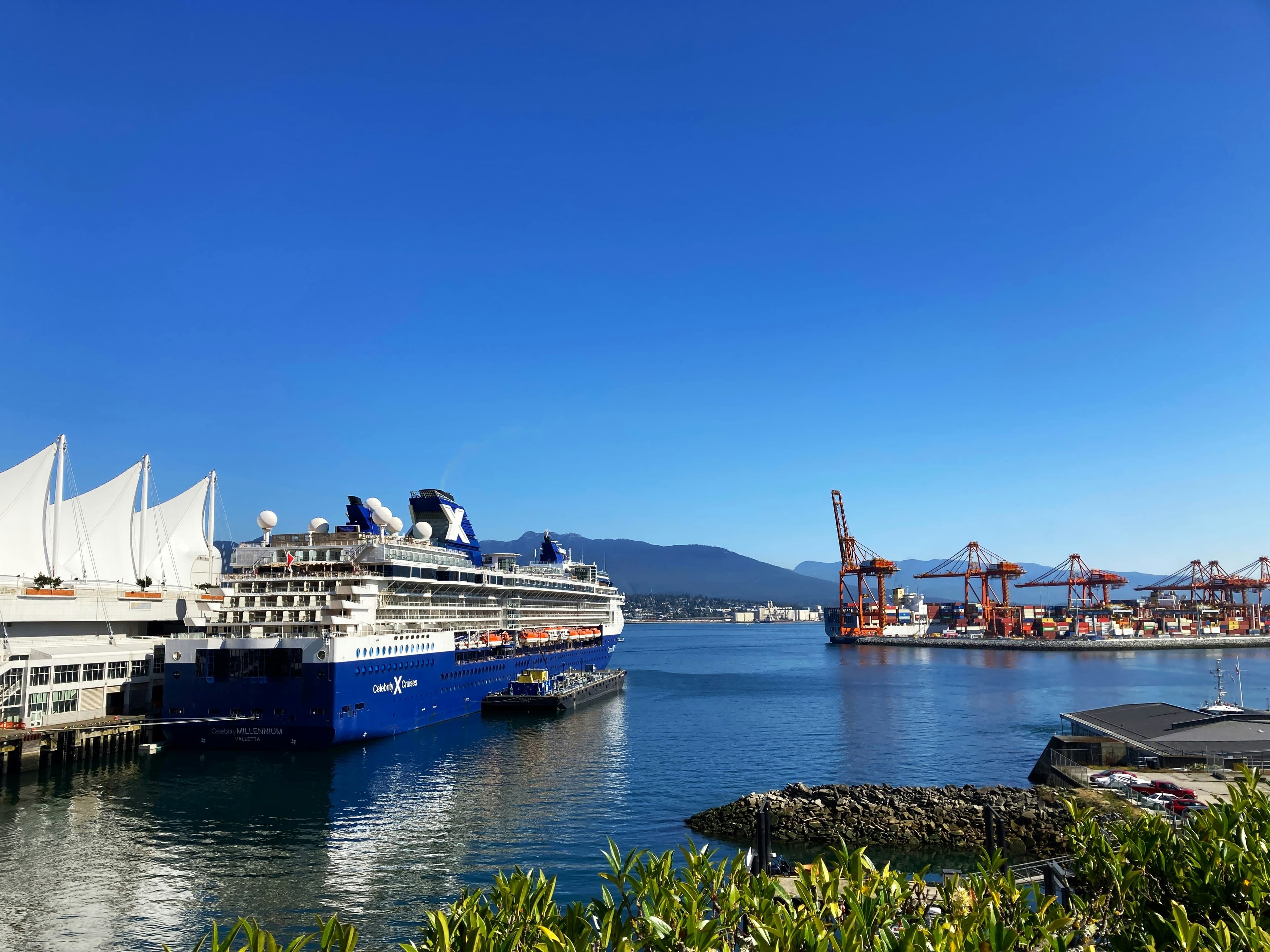 A cruise ship docked at Canada Place in Vancouver's harbor.
